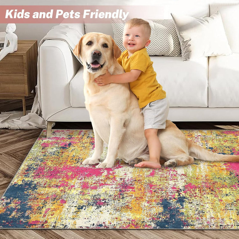 Tapis de sol moderne à motif abstrait et lavable, Rectangle 6 pi x 9 pi