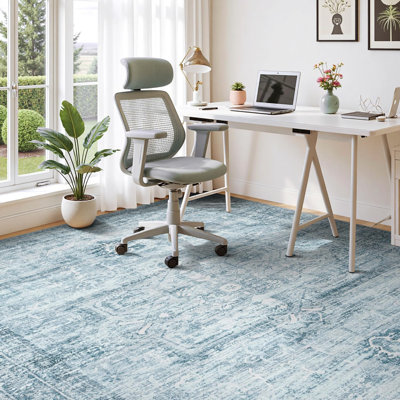 8'X10' Washable Neutral Vintage Distressed Aesthetic Area Rug Blue
