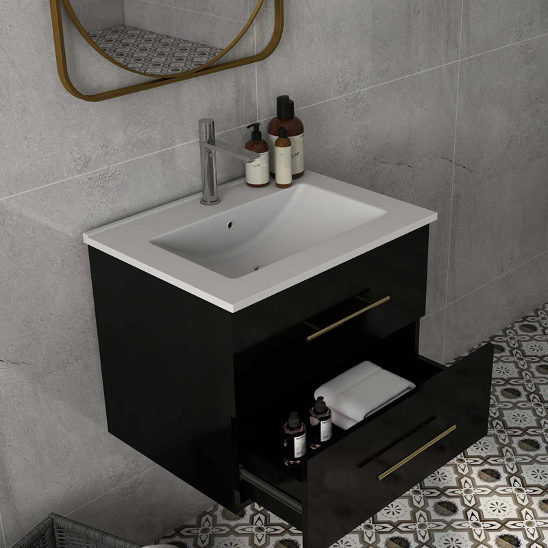 Ensemble de meuble-lavabo mural 24 po avec lavabo, deux tiroirs, lavabo en céramique, assemblage facile, poignée longue en métal, 2 tiroirs de rangement