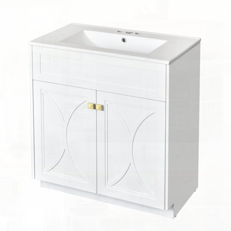 Meuble-lavabo autoportant moderne avec lavabo et portes en céramique, Blanc