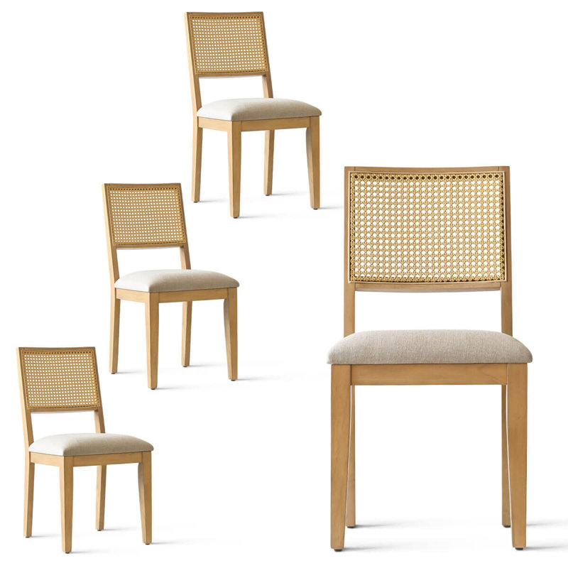 Cane Back Dining Chairs with Solid Wood Legs, Natural Wood