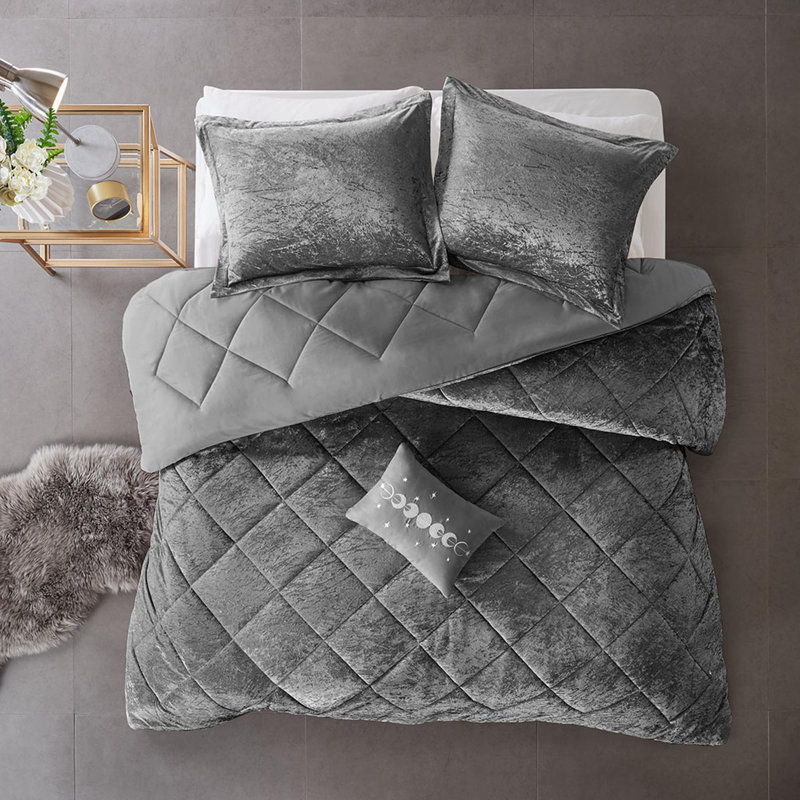 Ensemble d'édredon en velours 4 pièces, Gris, Édredon simple + 3 pièces supplémentaires