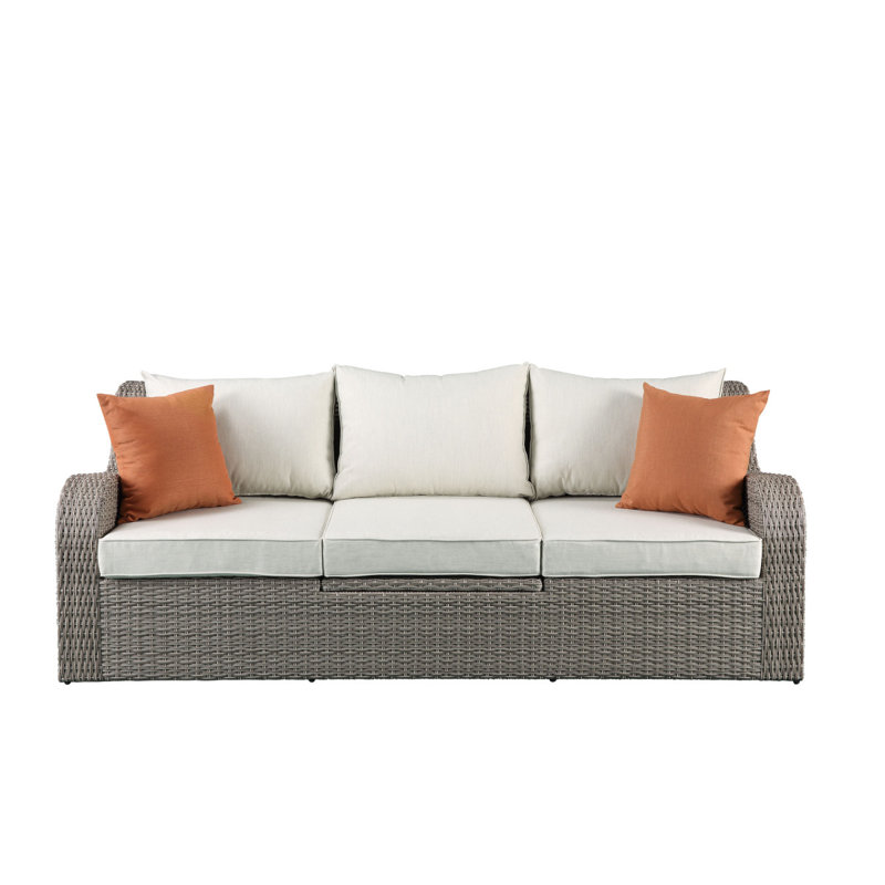 Salena Fabric & Wicker Patio Outdoor Sofa Patio Sofa W/2 Pillows & 2 Ottomans