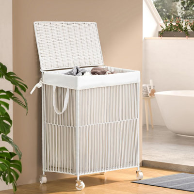 Laundry basket with wheels, hand woven roller laundry basket with lid, clothing basket with detachable inner lining bag for separation