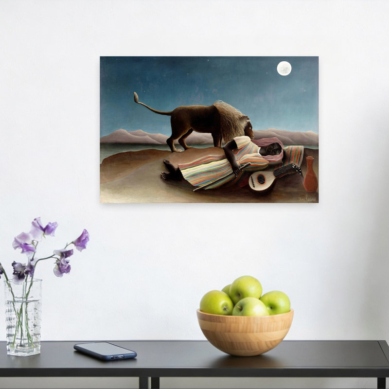 Sleeping Gypsy, 1897 Classic Traditional Abstract Lion Landscape Nature Wall Art Print by Henri Rousseau - Wrapped Canvas Print