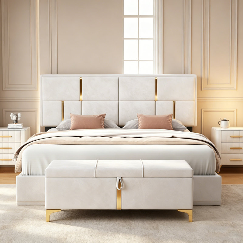 Ensemble de chambre à coucher 2 pièces avec lit plateforme tapissier grand, rangement hydraulique et repose-pieds beige, parfait pour les espaces de vie modernes et fonctionnels.