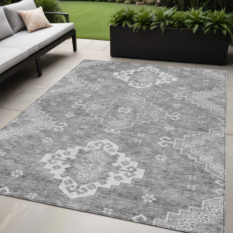 Tapis intérieur lavable à médaillon gris et ivoire 5 pi x 8 pi