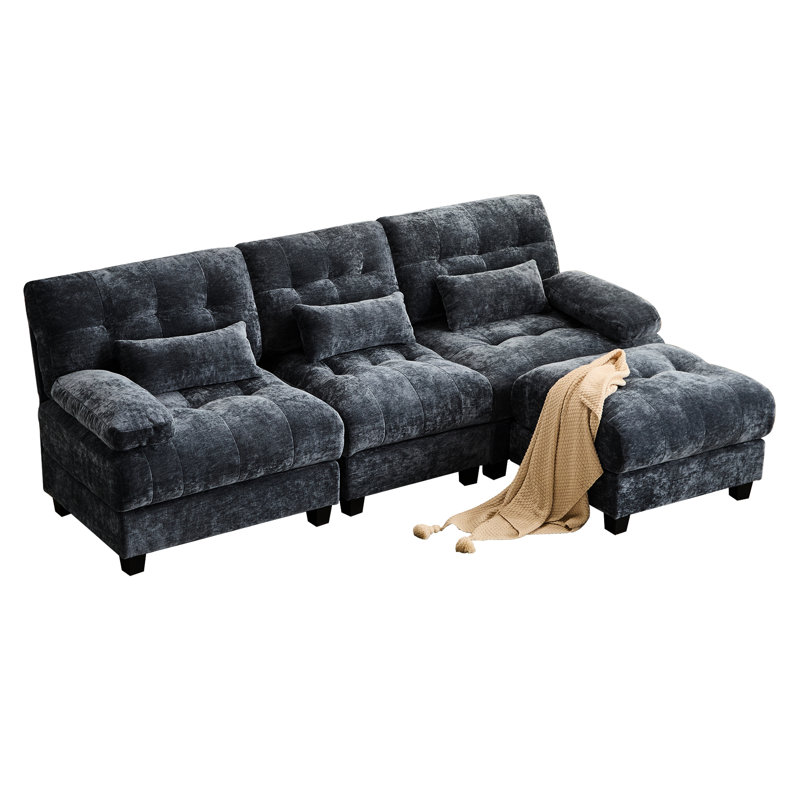 Capacité de poids de 350 lb avec 4 positions réglables, 93 pouces 3 + 1 sièges et tissu chenille bleu, capacité de conception de 3 coussins décoratifs, chenille, décoratif
