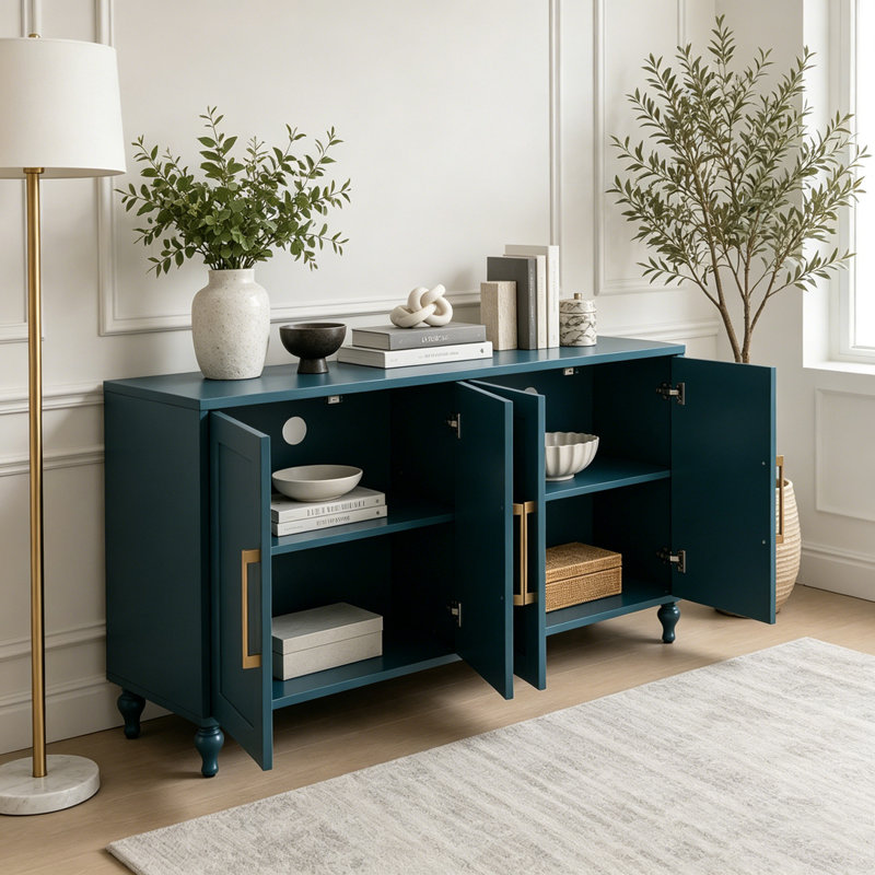Grande armoire de rangement de 63 pouces avec portes à fleurs sculptées et poignée en métal, Navy Blue