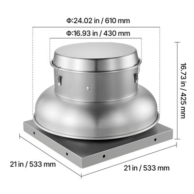 Ventilateur de toit, ventilateur de grenier avec moteur haute puissance, base en alliage d'aluminium robuste de 21 pouces, débit d'air réglable à contrôle de vitesse 500/900 CFM, compact pour le garage, la cuisine, la salle de bain, argent