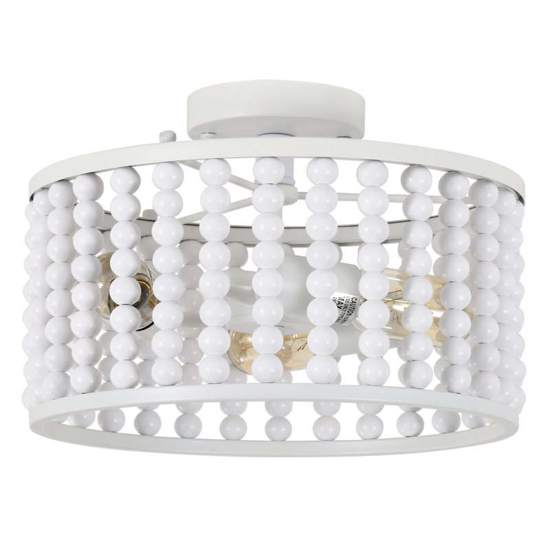 Boho Wood Bead Flush Mount Ceiling Light, 13" Diameter, white, 3-light E26, White