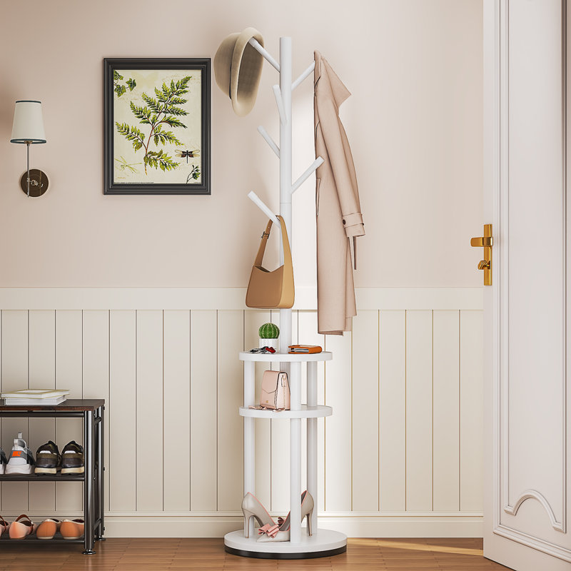 65" Freestanding Coat Rack with Rotating Storage Shelves, Wooden Coat Tree Stand with 6 Hooks, Coat Rack with Shelf for Entryway, Bedroom, Hallway, Corner and Office