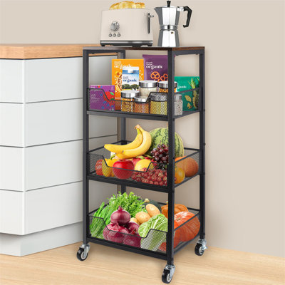 Chariot de cuisine à 4 niveaux avec paniers à fruits et plateau en bois - Rangement à roulettes