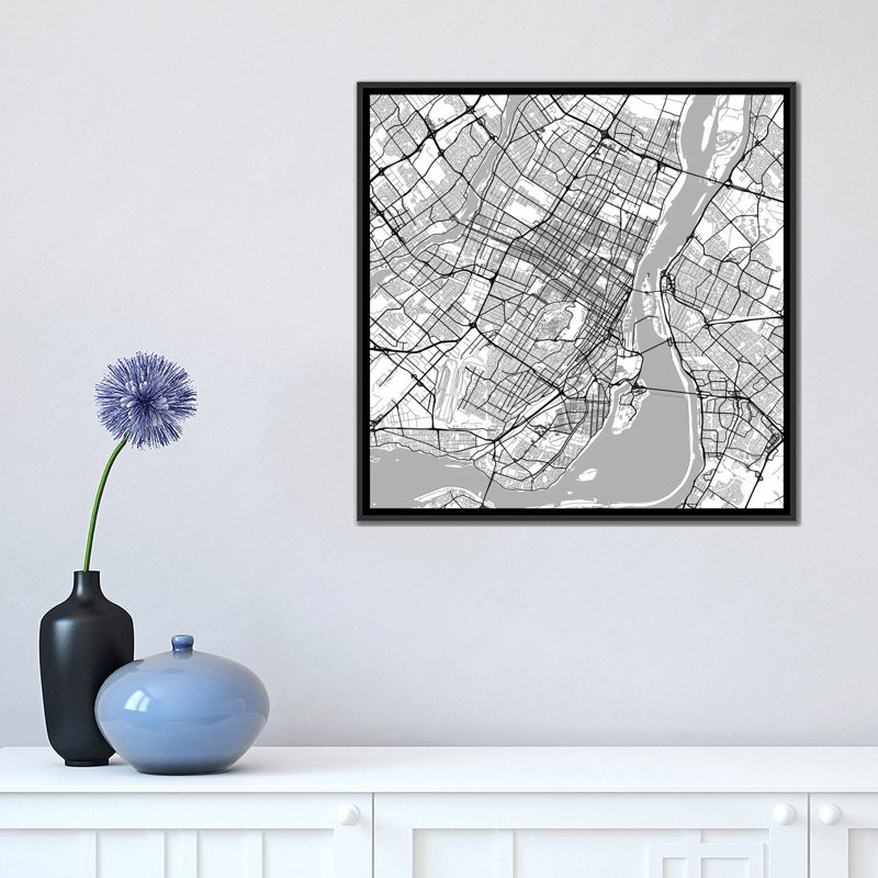« montréal route », impression sur toile tendue, H 18 po x l 18 po x P 1,5 po, Toile avec cadre noir, Pas de tapis