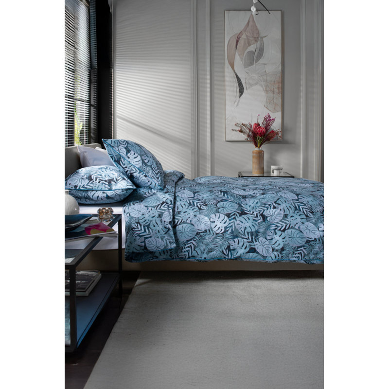 Japanese Tropical Garden Blue 100% Cotton Duvet Co Cotton Floral Duvet Cover Set with Pillowcases Included