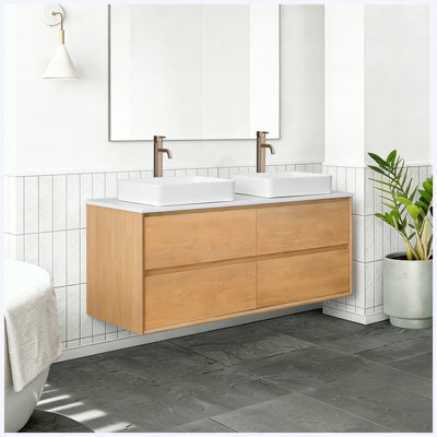 60" Modern Wall Mounted Floating Bathroom Vanity with White Quartz Top & Rectangular Ceramic Vessel Sink, White Finish with Storage Drawers