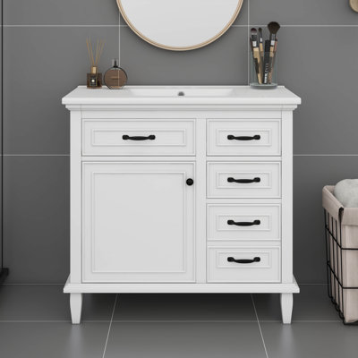 Meuble-lavabo 36 po avec lavabo, porte à fermeture en douceur, tiroirs et tiroirs rabattables, meuble-lavabo avec tablettes réglables