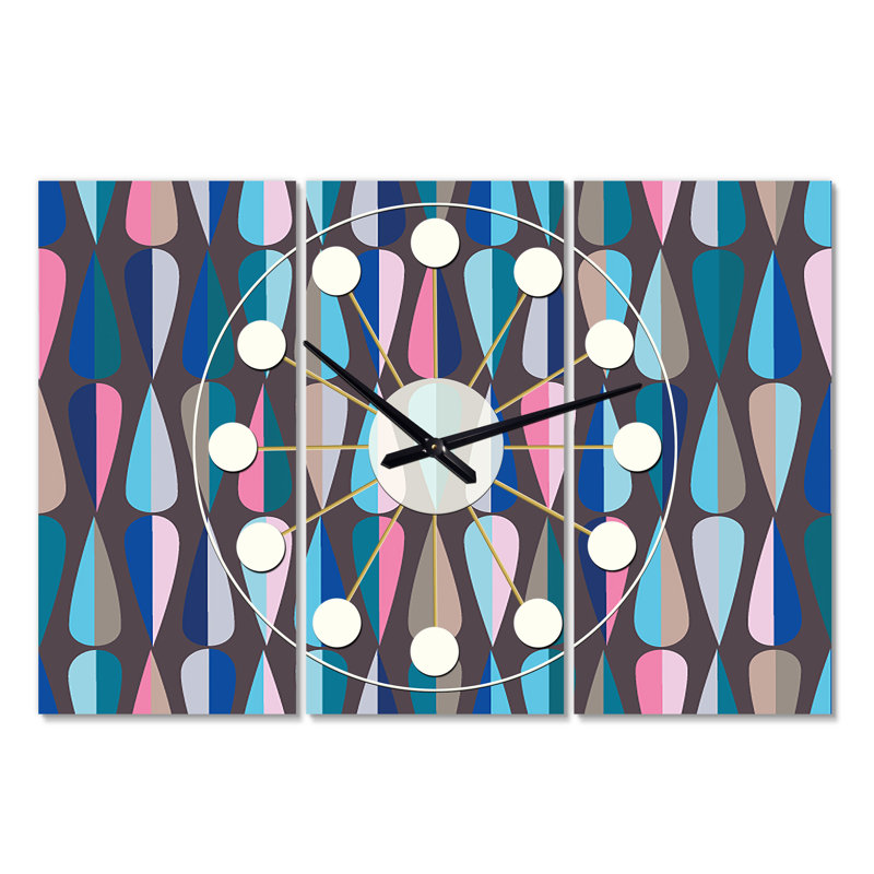 Très grande horloge murale rétro Mid-Century, Rose / bleu / bleu ciel