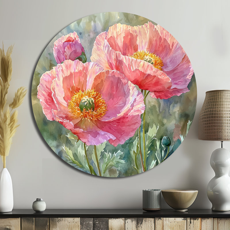 Pivoine d'été dans la brise - coquelicots ronds, impression sur métal rose traditionnel, H 23 po x l 23 po