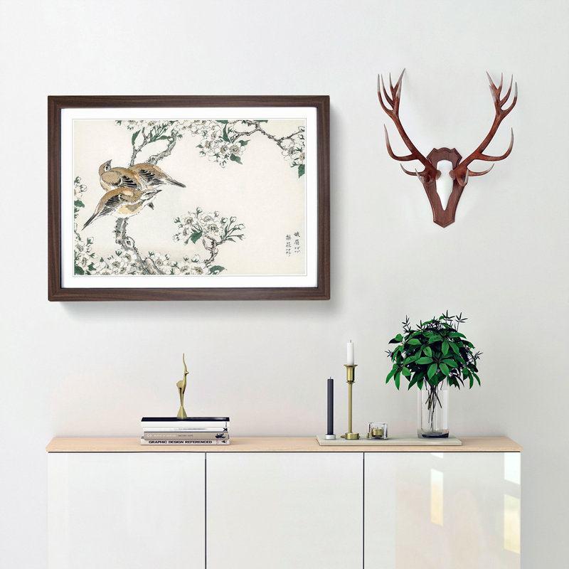 Meadow Bunting Birds & Pear Flowers by Numata Kashu - Picture Frame Painting Print, Walnut Framed, 27cm H x 36cm W x 2cm D