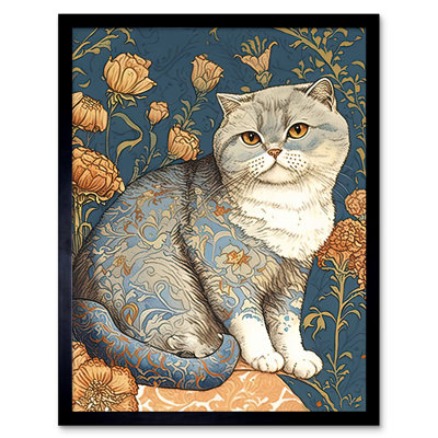 Cute Cat With Floral Pattern Fur And Autumn Flower Blooms Nouveau Modern - Single Picture Frame Print