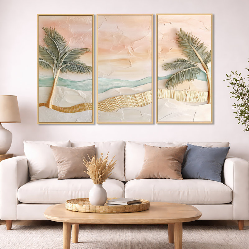 «Tropical Beach», art mural feuille de palmier - ensemble de 3 toiles encadrées Jamil, H 40 po x l 60 po, Cadre crème crème