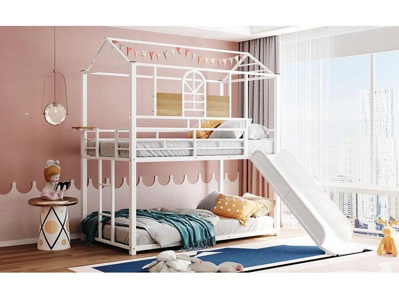 Lit simple superposé en métal avec glissade - Robuste Aucun sommier tapissier requis, 3 couleurs disponibles, Blanc