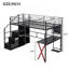 Lit mezzanine double en métal avec poste de travail intégré, garde-robe, escalier de rangement et DEL, noir