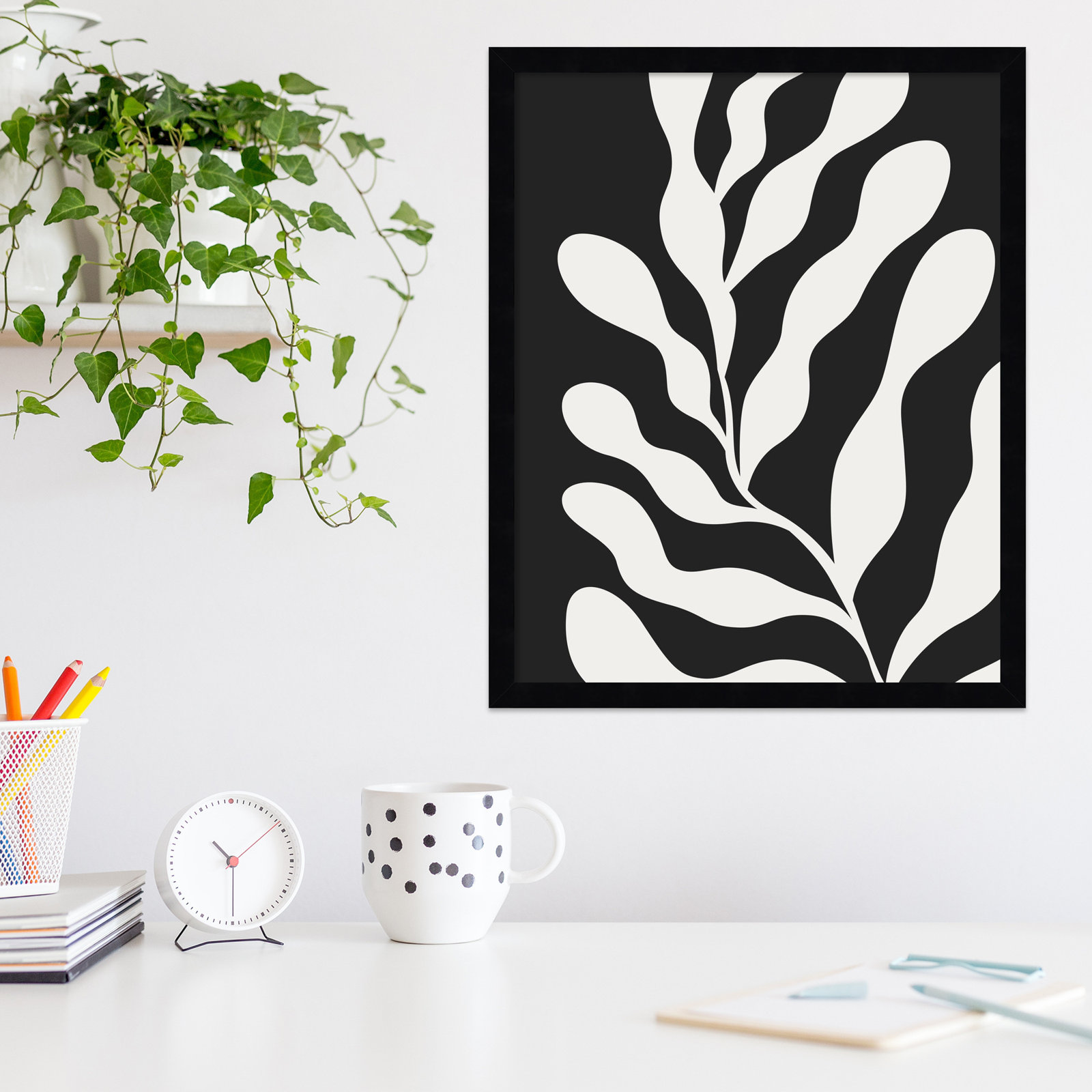 Retro Matisse Inspired Abstract Botanical 3 Black, Black, 21" H x 17" W x 1" D