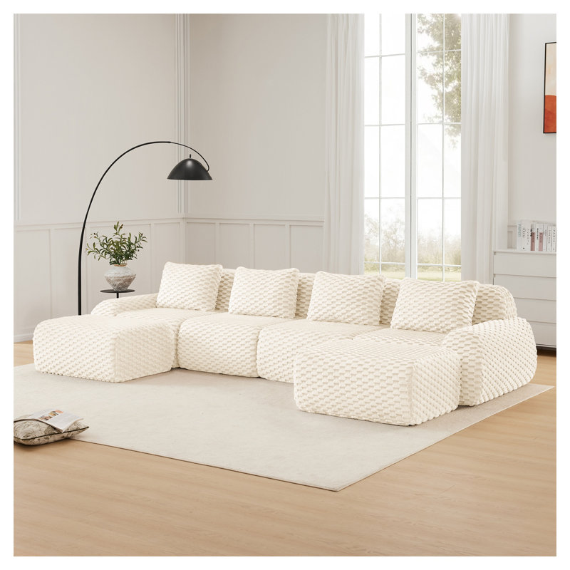Canapé modulaire moderne en forme de U, canapé en flanelle 4 places avec repose-pieds mobile, Tissu crème