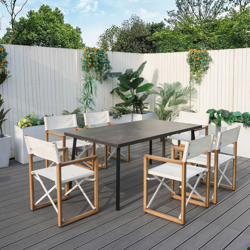 Ensemble repas pour 6 personnes avec chaises pliantes en bois et table rectangulaire en fer
