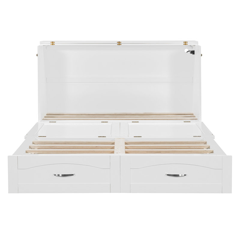 Grand lit escamotable mural avec tiroirs, ports USB et poulie, armoire compacte, blanc
