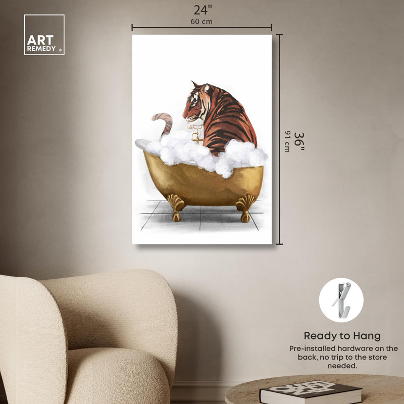 «Bathtime Tiger», reproduction d'art à la mode sur toile par Art Remedy, H 36 po x l 24 po