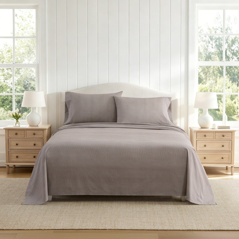 Ensemble de draps en percale de coton Martha Stewart, Ensemble de draps pour lit simple avec 1 taie d'or, Petit Vichy brun