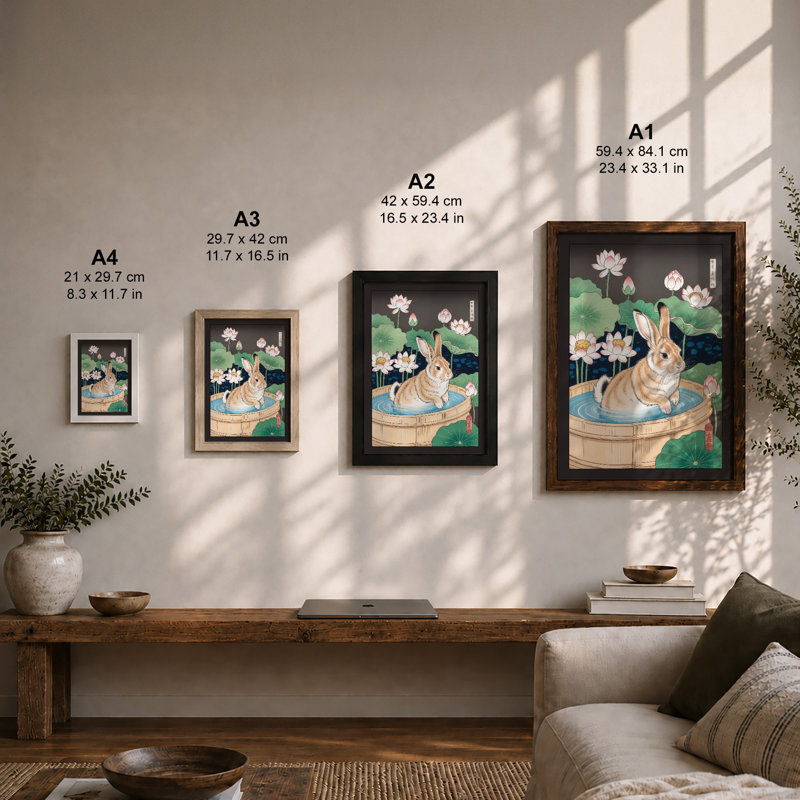 Rabbit in the Garden Japandi - Framed Print, A2 - 59.4 x 42.0 cm, Oak