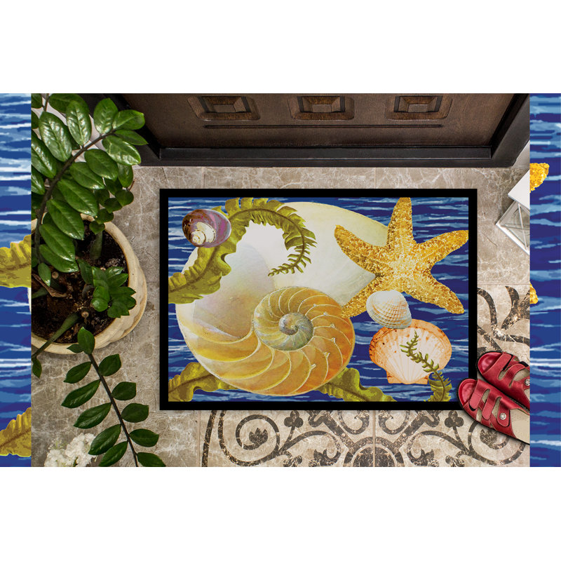 Raina Non-Slip Outdoor Doormat, Cut Nautilus and Starfish