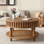 Table basse cannelée ronde de couleur brun rustique, compartiment rabattable et pieds en bois massif pour la table de salon, rangement caché, tablette inférieure ouverte