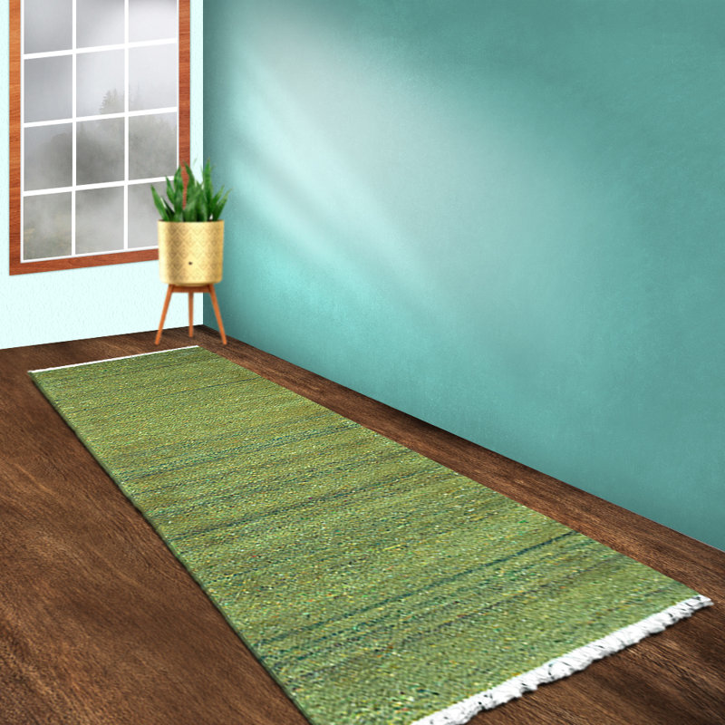 Hand Woven Flat Weave Skittles Kilim Solid Green Cotton & Polyester Runner Indoor Area Rugs, Runner 2'6" x 8'