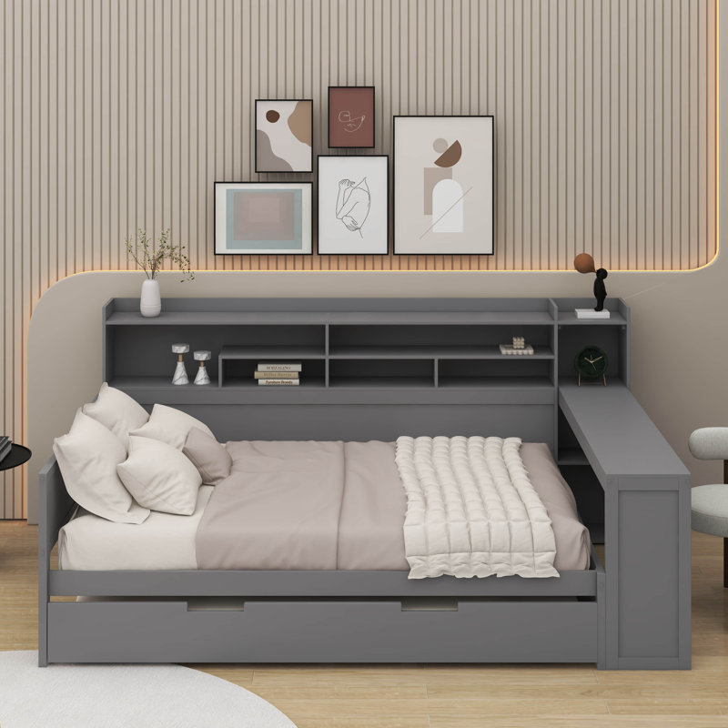 Lit de jour en bois avec tablettes de rangement, lit multifonctionnel avec lit gigogne simple et bureau d'étude