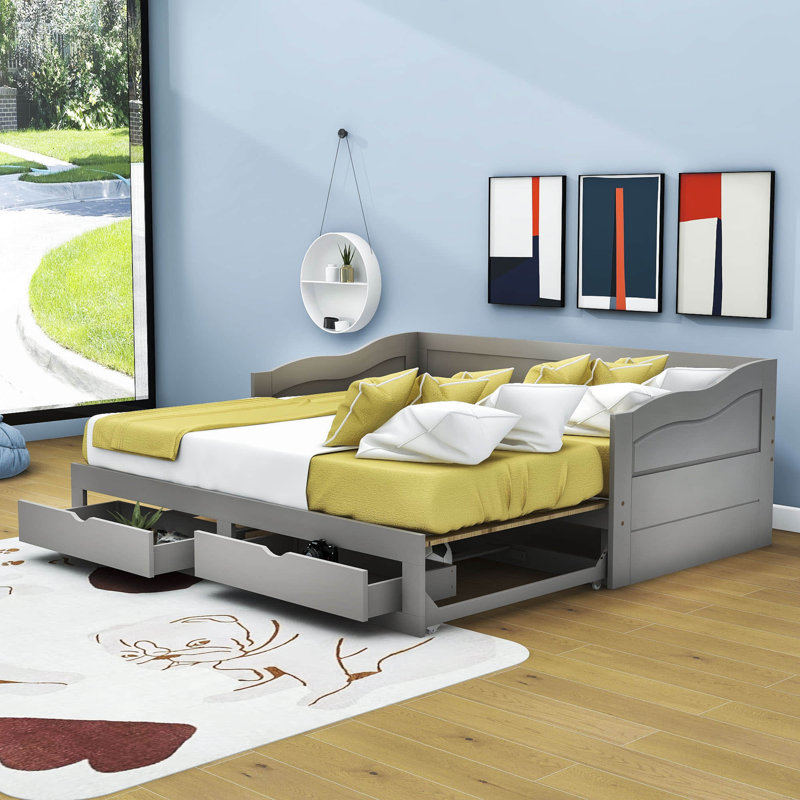Elgan Twin Size Wood Daybed with Trundle and Drawers, Gray