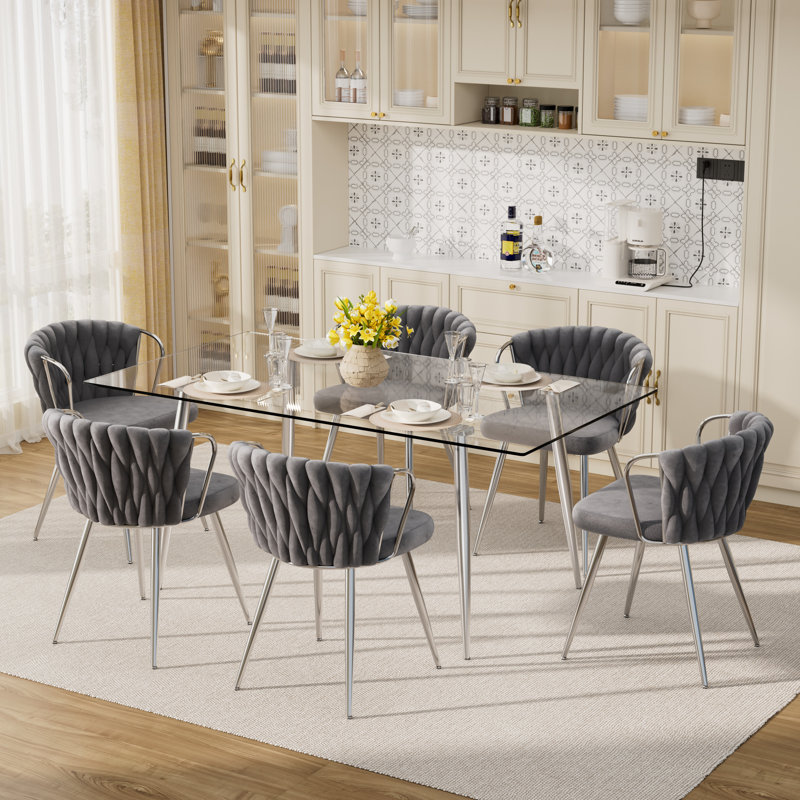 7 - Piece Glass Top Dining Set, Gray, 29.5"H x 63"L x 31.5"W