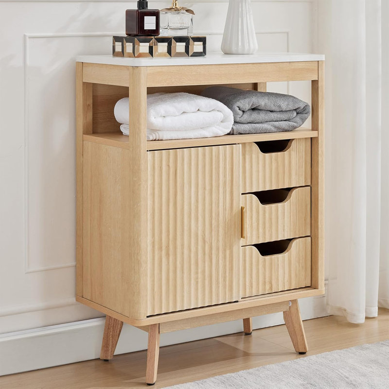 Bathroom Storage Cabinet with Fluted Sliding Door, 3 Drawers Bathroom Floor Cabinet w/Adjustable Shelf, Faux Marble Top