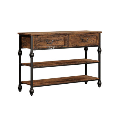 Industrial Narrow Sofa Table with Two Drawers and Open Shelves Entry Console for Hallway Couch Side Kitchen