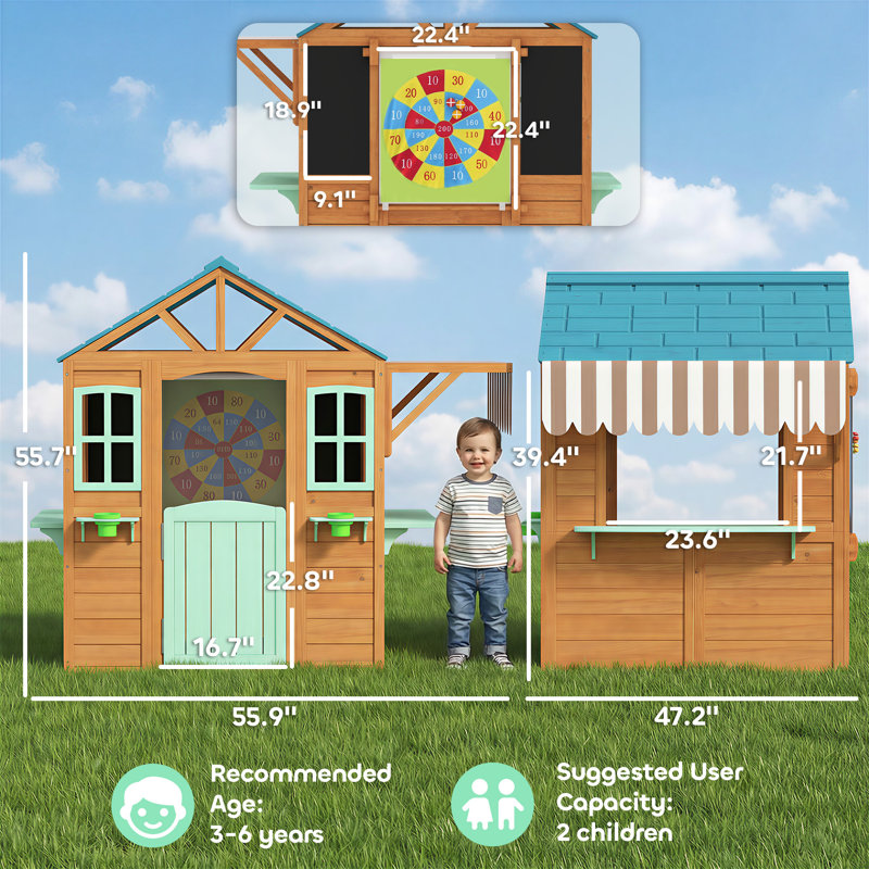 Outdoor Playhouse, Wood Kids Playhouse Cottage with Snack Bar, Half Door, Windows, Flowerpot Holders, Chalkboard, Tossing Game for Backyard, Imaginative Play, for Kids Age 3-6