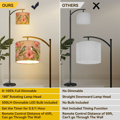 Arc Floor Lamp Three Birds Perched Flowering Branches Pink Blossoms Hibiscus Soft Floor Lamps with Remote LED Lights Adjustable Lamp Shades Tall Standing Lamps for Reading Office Living Room