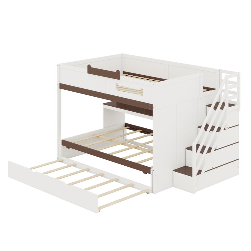 Lit superposé avec lit gigogne, escalier de rangement, tablettes et DEL, Blanc