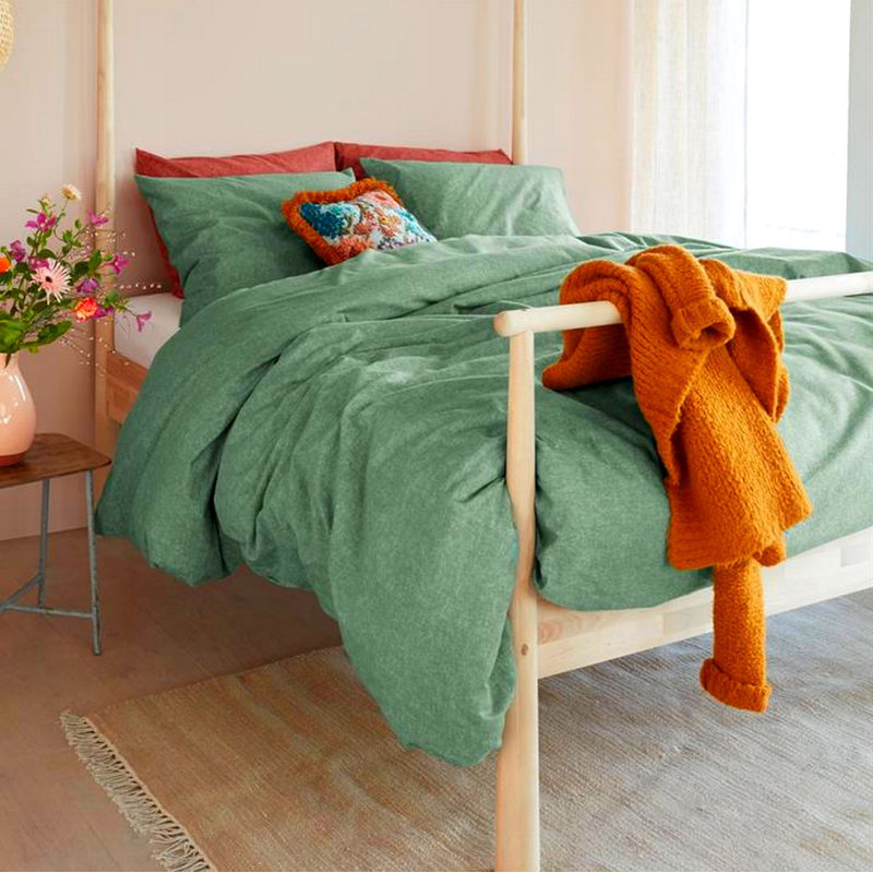 Ensemble de housse de couette en flanelle Bonheur, Housse de couette pour grand lit + 2 taies décora, Sauge
