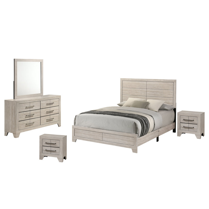 Ensemble de chambre à coucher Deegan en chêne gris rustique, 5 pièces: lit, 2 tables de chevet, commode, miroi, Grand lit