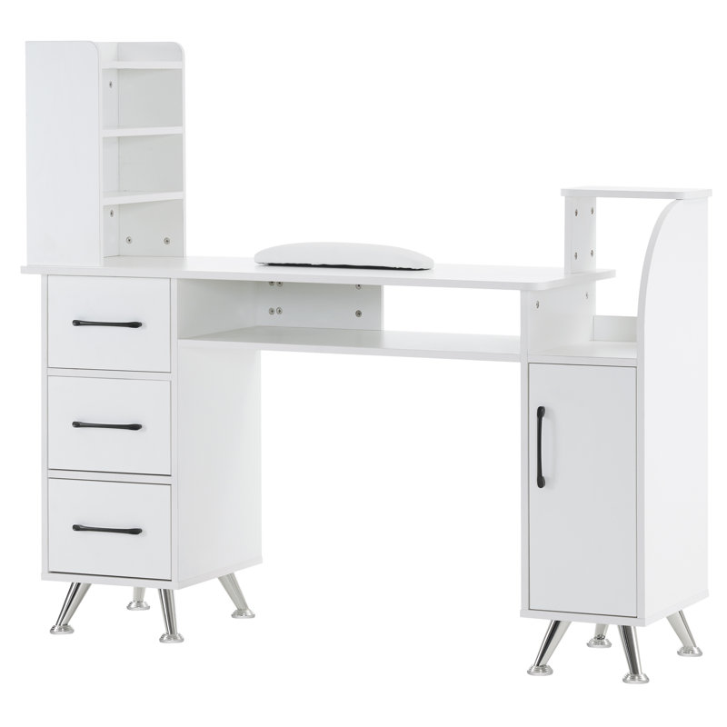 Ingrim Vanity Makeup Desk, Manicure Table with Shelf and Cabinet, Silver/White