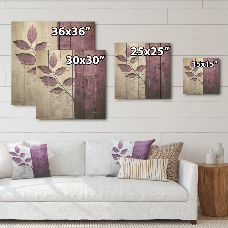 Mauve, feuilles, prune, précision, art mural sur bois de pin naturel, H 30 po x l 30 po
